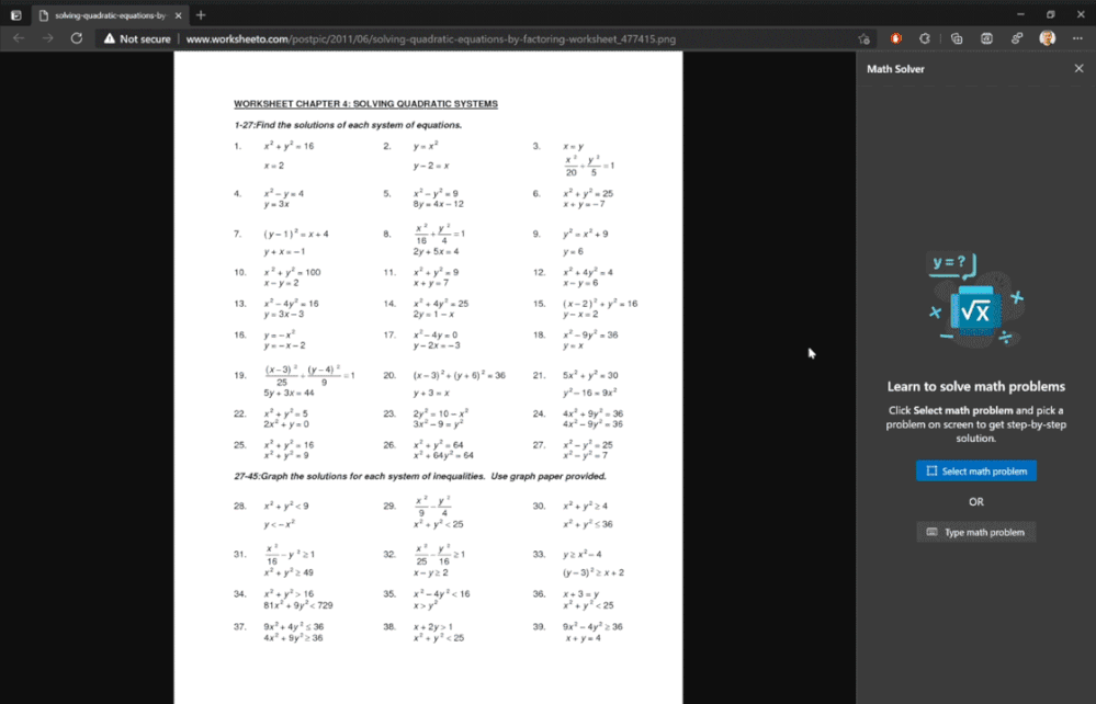 Math Solver in Microsoft Edge