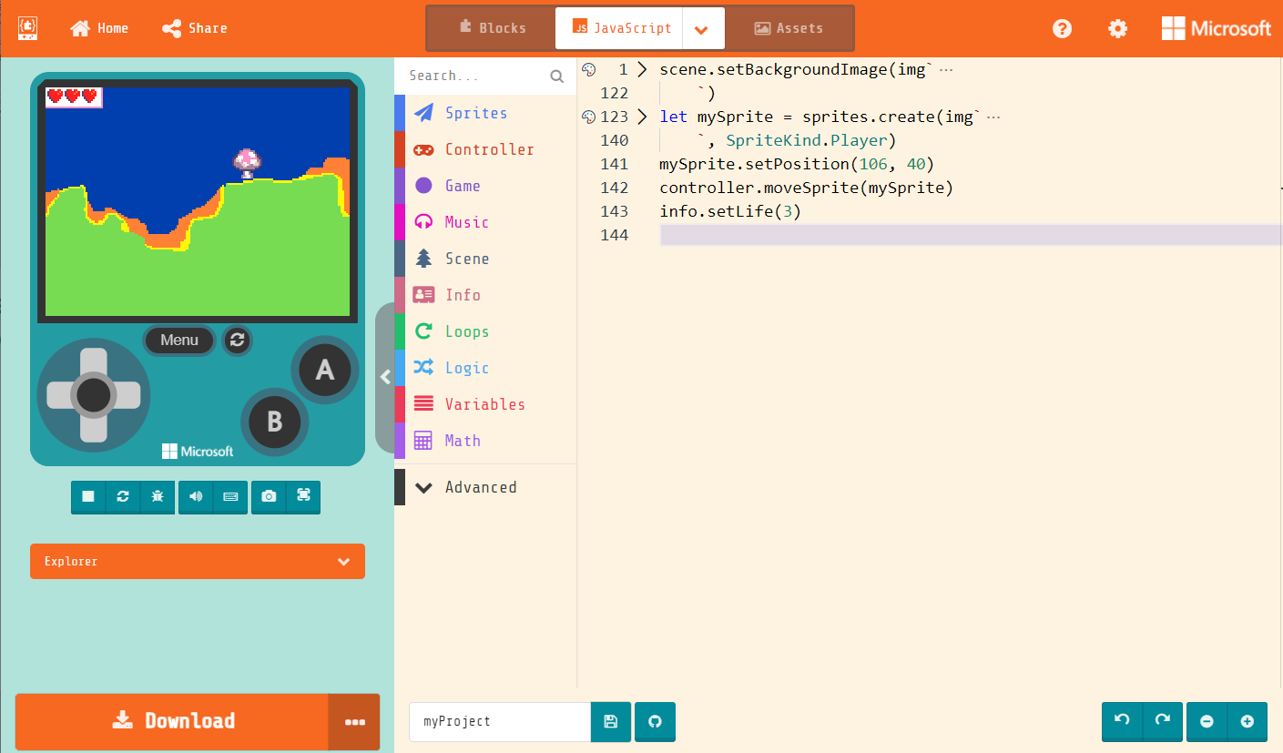Microsoft MakeCode Arcade supports block-based programming and text-based programming with JavaScript and Python.