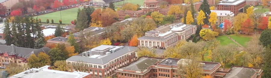 Aerial view of a college campus with many buildings and trees with colorful leaves.