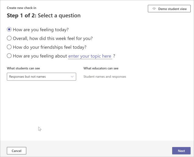Screenshot of a teacher creating a Reflect check-in