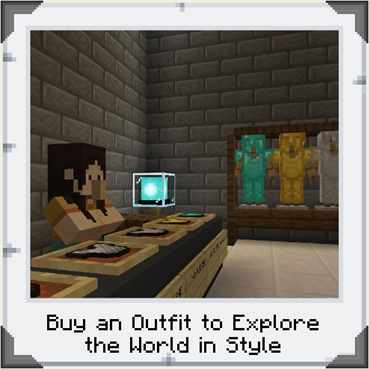A counter and shop attendant at the back of a store, with outfits hanging in the background in Minecraft: Education Edition. Text reading 