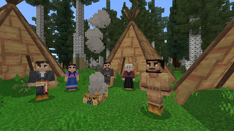 A small group of Indigenous people stand around a campfire amidst several tipis.