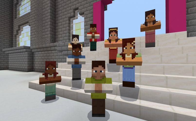 A diverse group of people stand on a wide staircase inside the entrance to a museum in Minecraft: Education Edition