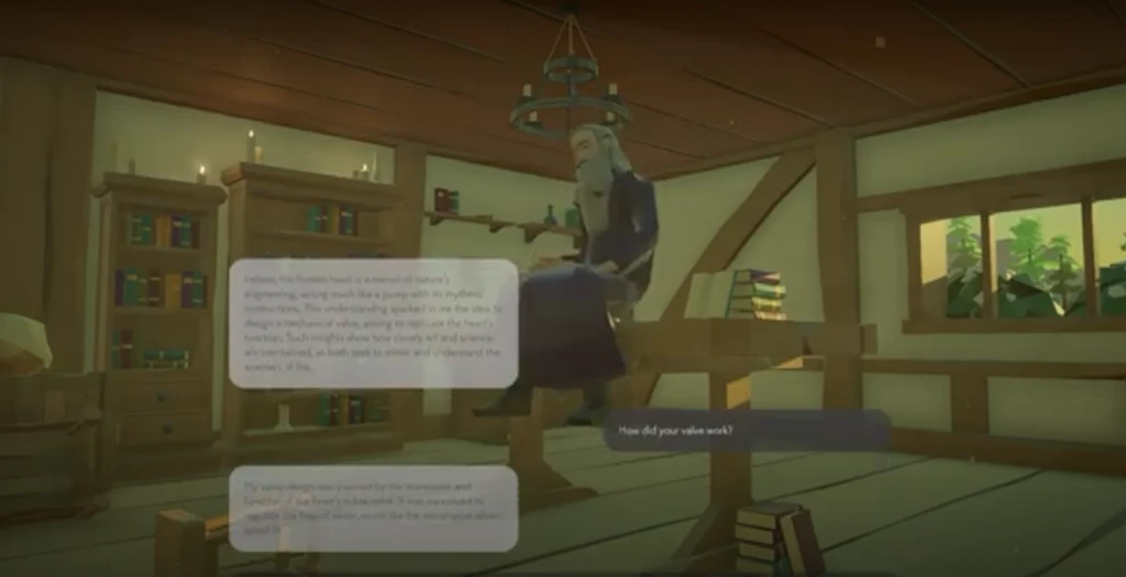 A character sitting on a table with several AI-driven dialogue boxes displayed on the screen.