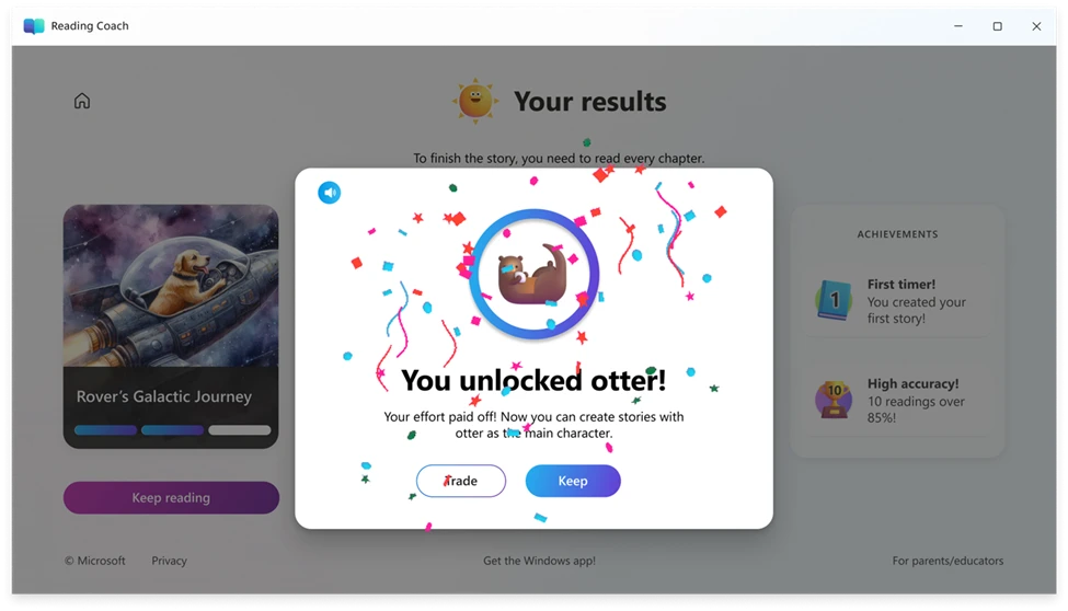 Decorative. An example of the student experience in Reading Coach showing the Otter character being unlocked. It shows colorful streamers and confetti and says you unlocked otter!