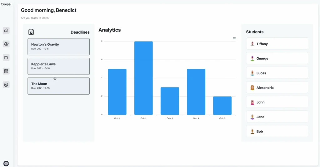 Homepage featuring important deadlines, analytics, and student information.