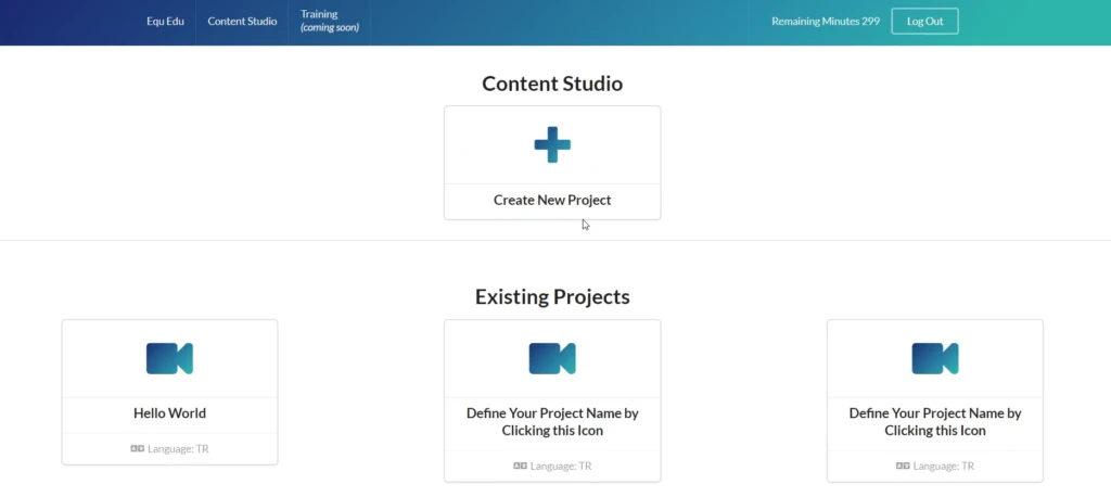 Content studio homepage where you can create a new project or access existing projects.