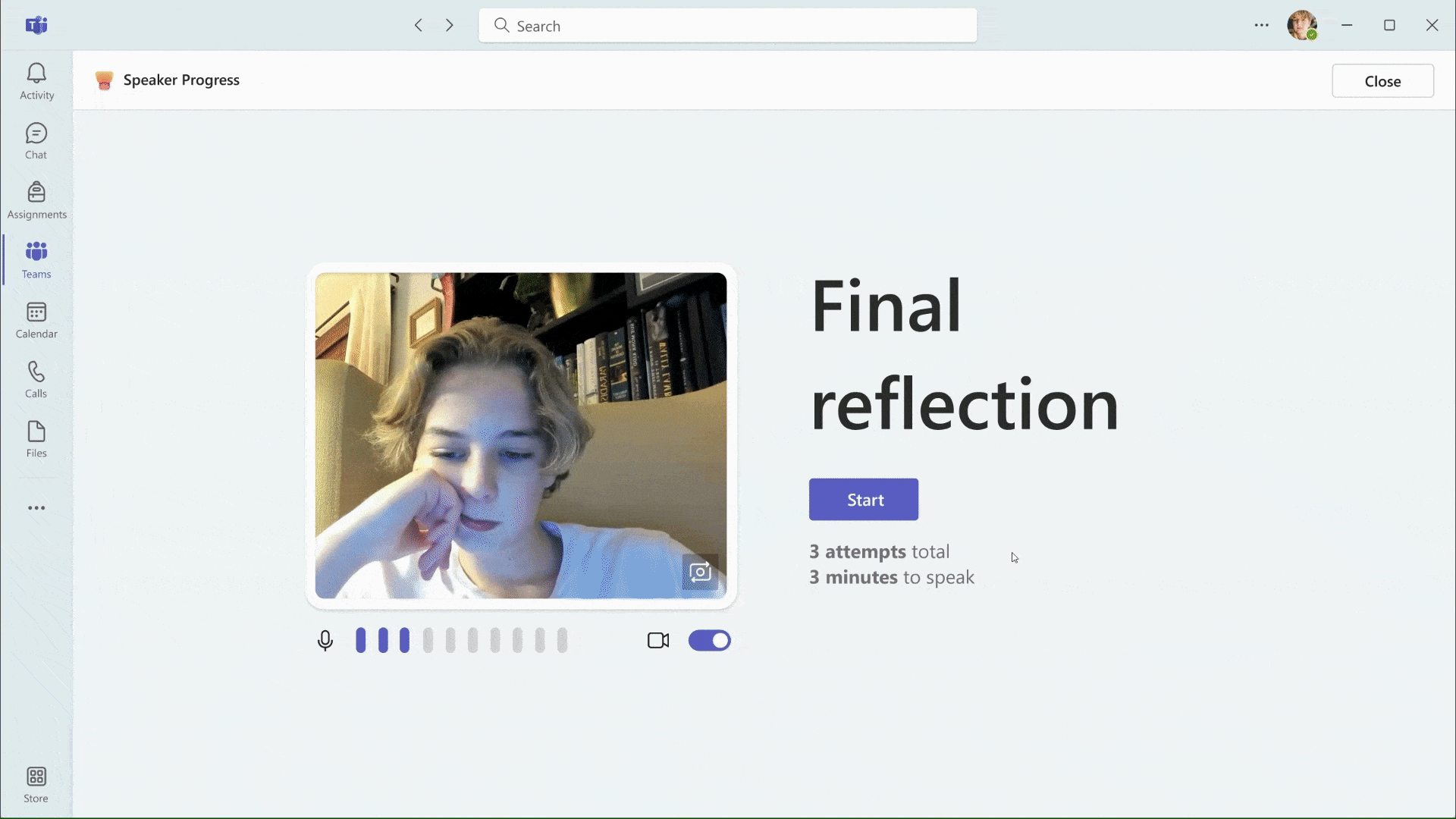 Decorative. An example of a student’s rehearsal report in Speaker Progress.