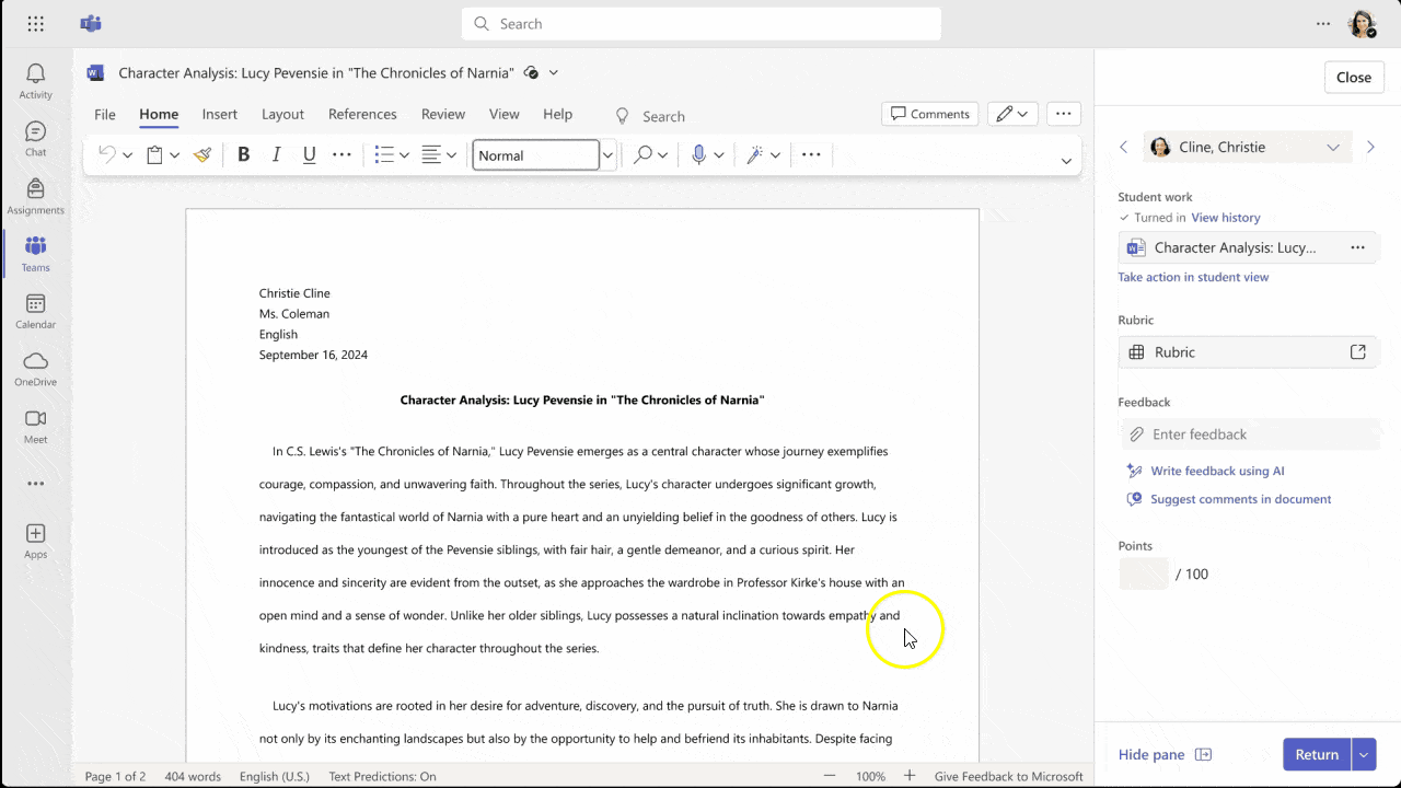 Decorative. An example of AI feedback in Microsoft Word.