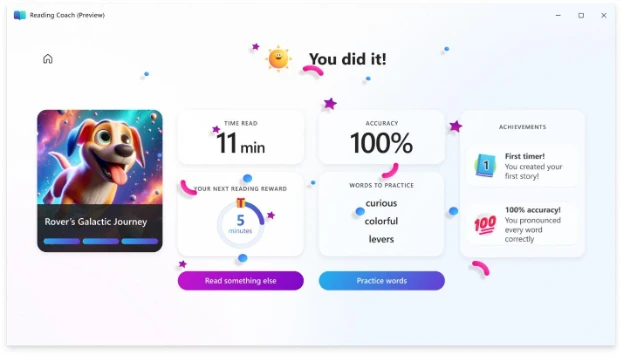Decorative. Reading Coach interface of completed reading showing time read, accuracy, reading reward, and words to practice.