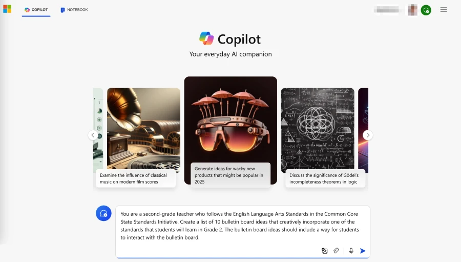 Decorative. Copilot interface showing images of a gramophone, eyeglasses with tiny umbrellas on the top, and a chalkboard full of theorems. The chat box includes a prompt for generating bulletin board ideas for a second grade classroom.