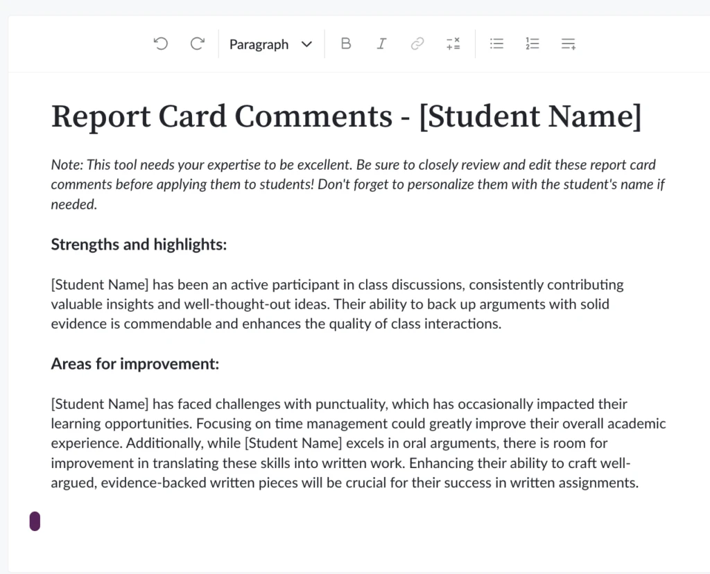 Decorative. AI-generated report card comments from the Khanmigo for Teachers tool. The headings include Strengths and highlights, and Areas for Improvement, with suggestions for each. 