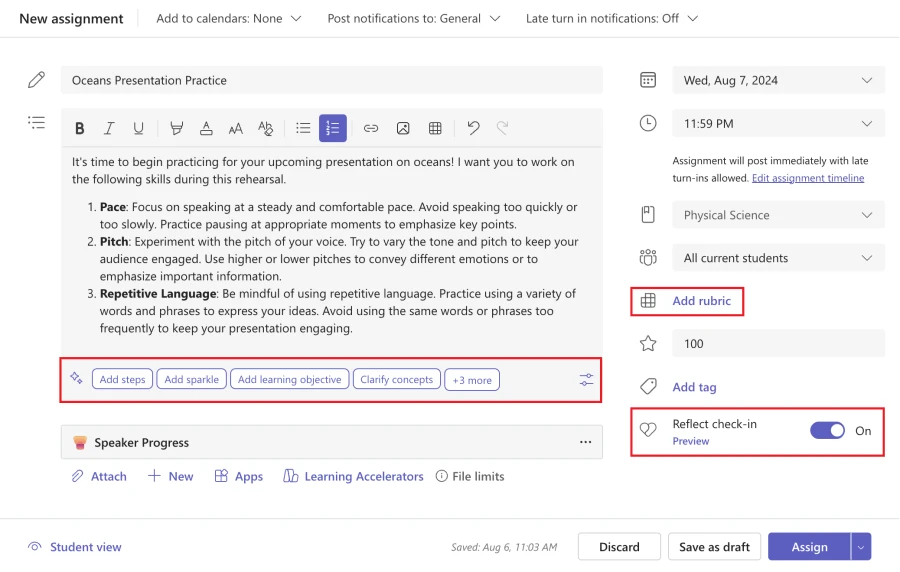 Decorative. Microsoft Teams for Education assignment settings menu with various options for customizing a Speaker Progress assignment.