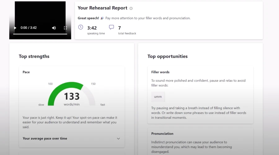 Decorative. A Speaker Coach rehearsal report that shows a video of the presentation, performance review, strengths, and opportunities for improvement.