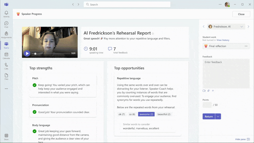 Decorative. Speaker Progress interface showing a rehearsal report for the presenter Al Fredrickson, including insights about delivery, content, and audience engagement.