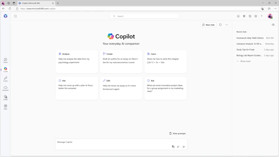 Decorative. A screen grab of a Microsoft Copilot U I experience.