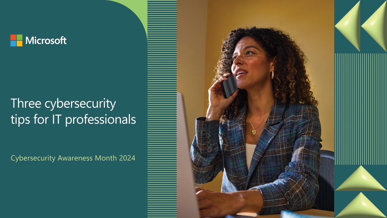 Decorative. An IT professional talking on a mobile phone while sitting at a desk in a school office. The image is framed by graphic elements and includes the Microsoft logo
