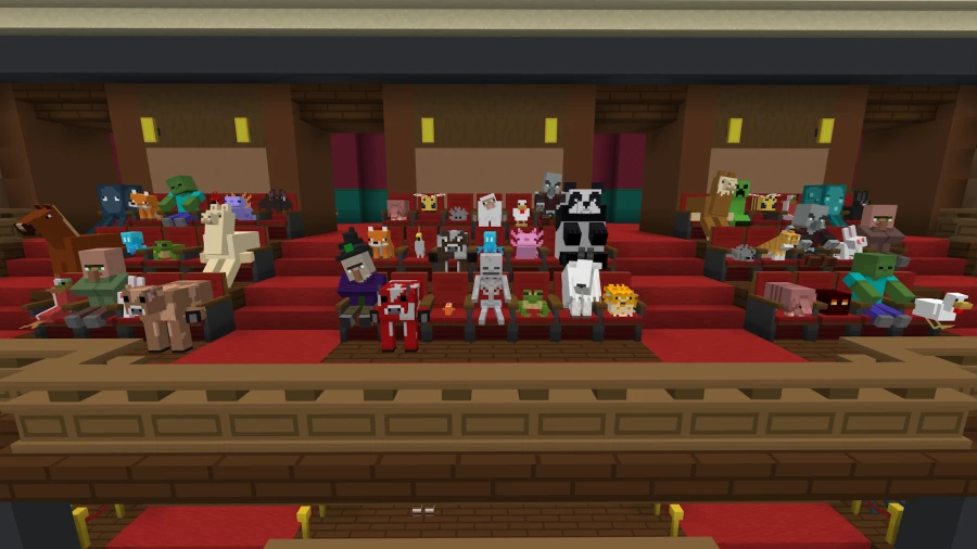 Decorative. In-game play of an audience of non-player characters (NPCs) from Minecraft’s Hour of Code 2024 adventure, The Show Must Go On!