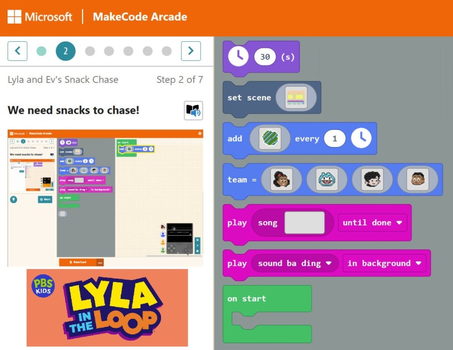 Microsoft MakeCode Arcade tutorial for Lyla Snack Chase with a programming interface and a logo reading PBS Kids Lyla in the Loop.