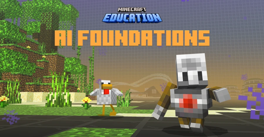 Minecraft block-style scene with a duck and agent walking through a wooded area. It says &ldquo;Minecraft Education AI Foundations&rdquo;