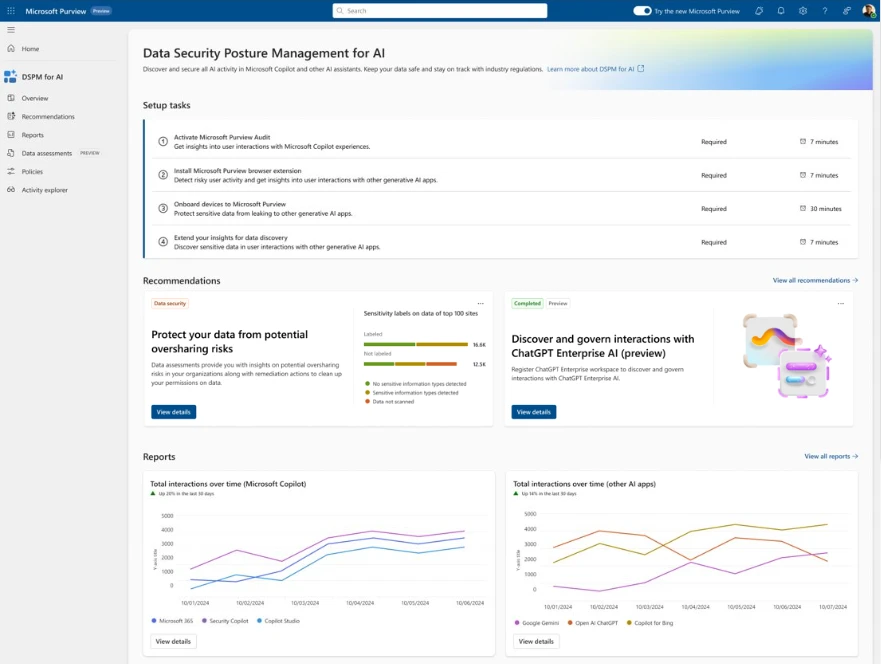 Microsoft Purview Data Security Posture Management for A I dashboard showing analytics, policy configurations, and compliance controls for A I adoption.