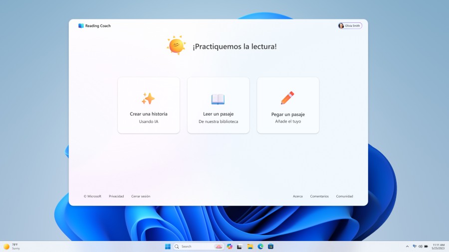 Reading Coach experience showing options for reading practice in Spanish.