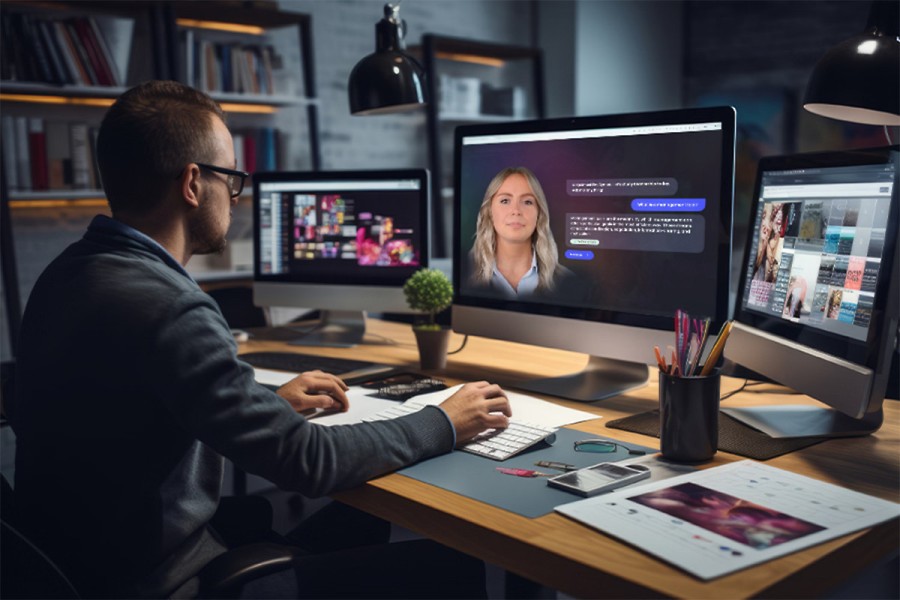 An educator sits at a desk working on a computer showing Syntea chat.