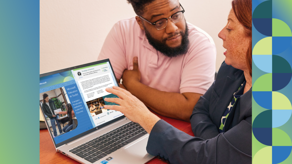 Two education leaders discussing an example of AI Navigators from the Microsoft Education AI Toolkit.