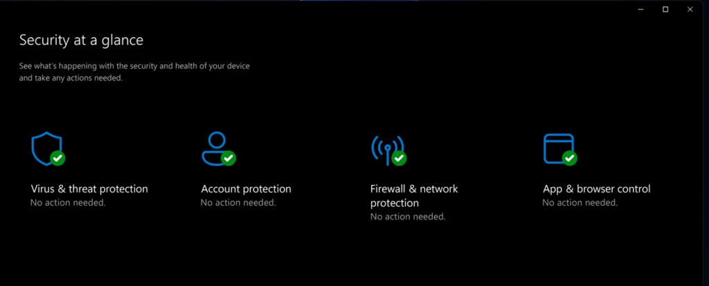 Windows 11 Security dashboard showing ‘Security at a glance,’ including virus and thread protection, account protection, firewall and network protection, app and browser control, and more.