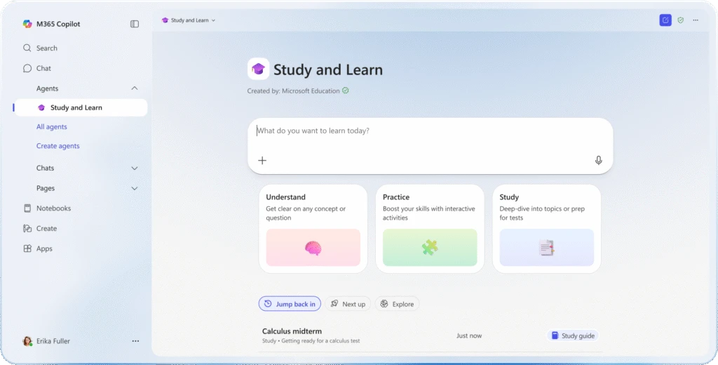 Screenshot of the Study and Learn agent in Microsoft 365 Copilot.