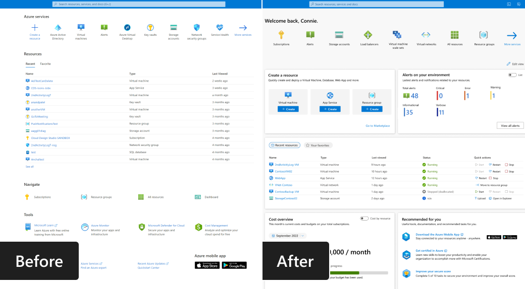 Side by side comparison of the Azure Portal Home page before and after KonMari Hackathon improvements. The ‘before’ view shows a sparse layout with long, text heavy service lists, limited personalization, and minimal visual hierarchy. The ‘after’ view shows an improved, more organized Home page with clearer navigation, personalized welcome content, grouped actions, usage insights, recommended resources, and visually structured cards that make key tasks easier to find.