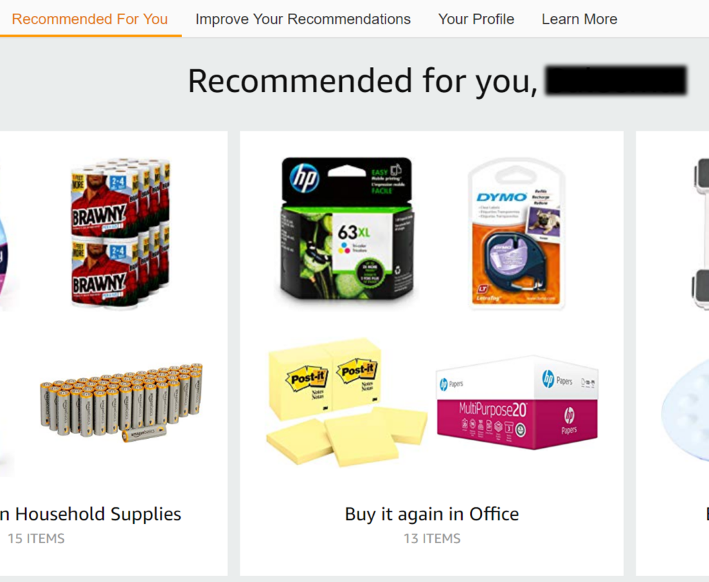 Amazon.com's Recommended for You menu.
