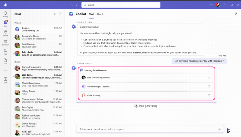 Business Chat showing the user that it is looking for references in three files - 2023 Fabrikam Agreement, Fabrikam Project Checklist, March Planning.