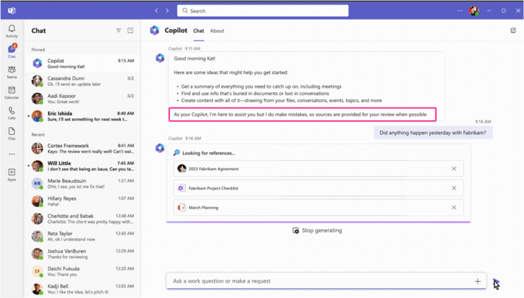Business Chat suggests three ideas to the user to get started. At the end of the list of ideas, it shows the message As your Copilot, I’m here to assist you but I do make mistakes, so sources are provided for your review when possible