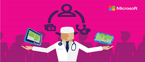An illustration showing a healthcare worker holding an ipad in one hand and a cellphone in another.