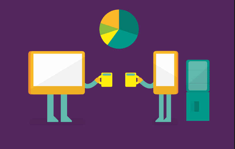 An illustration drawing showing a computer and a mobile device with hands holding a cup of water