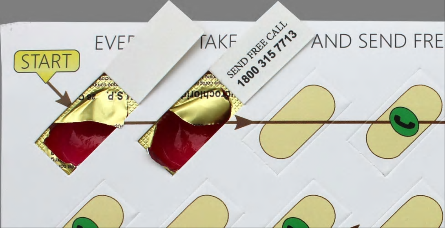 pill blister packs open to reveal unique phone numbers to register medication