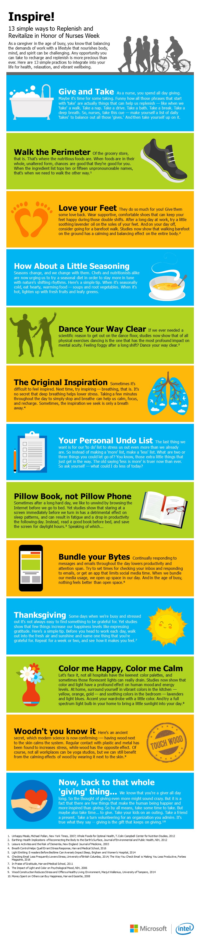 This is an infographic by Intel depicting 13 tips for nurses to rejuvenate and revitalize. Tip 1: Give and take. Tip 2: Walk the perimeter. Tip 3: Love your feet. Tip 4: How about a little seasoning - eat a seasonal diet. Tip 5: Dance your way to clear - dancing has a profound impact on mental health. Tip 6: the original inspiration - take deep breaths, it lowers stress. Tip 7: Your personal undo list - make a less list. Tip 8: pillow book, not pillow phone - read in bed vs using your phone. Tip 9: Bundle your bytes - set time for checking messages, not continually throughout the day. Tip 10: Thanksgiving - find something to be grateful. Tip 11: color me happy, color me calm - surround yourself with vibrant colors at home. Tip 12: Woodn't you know it - wood relieves stress, keep it around. Tip 13: Now, back to that whole giving thing - take some time to give.