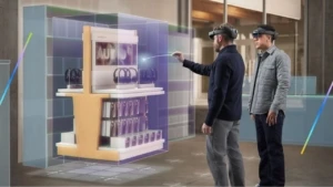 Two customers shopping for headphones wearing VR devices