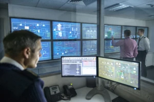 person looking at two screen monitors