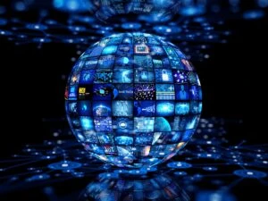 A blue sphere with small images.