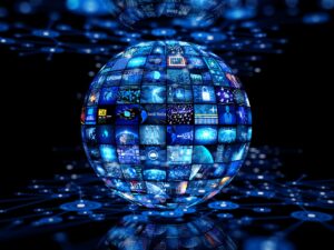 Video wall with small screens digital concept Reference Earth Map taken from open source