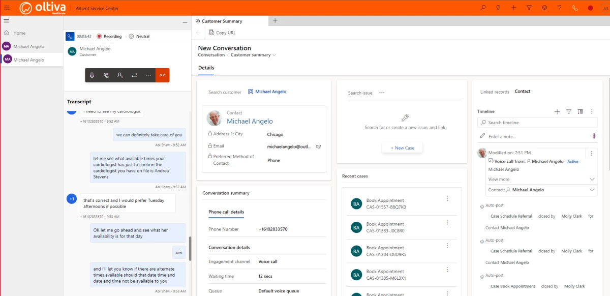 Screenshot of PExA Patient Service Center 
