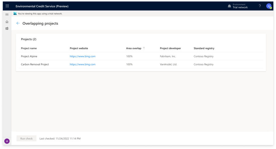 User interface image showing an overlapping projects checkpoint in Environmental Credit Service