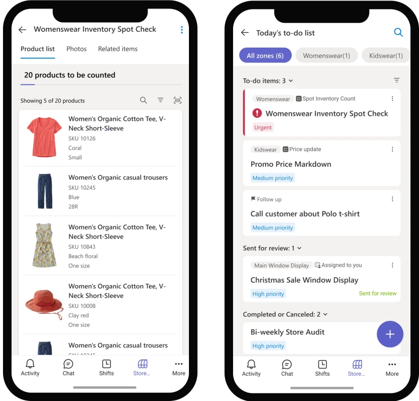 Screen shot of mobile product check in Store Operations Assist and mobile to-do list in Store Operations Assist.