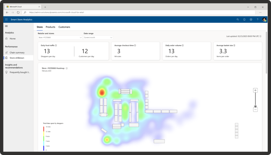 Screen capture of Smart Store Analytics solution heatmap view in a device. Heatmap reflects areas of daily foot traffic throughout a store floor plan.
