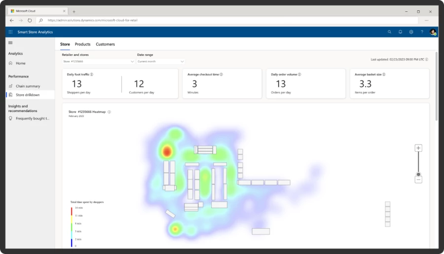 Screen capture of Smart Store Analytics solution heatmap view in a device. Heatmap reflects areas of daily foot traffic throughout a store floor plan.
