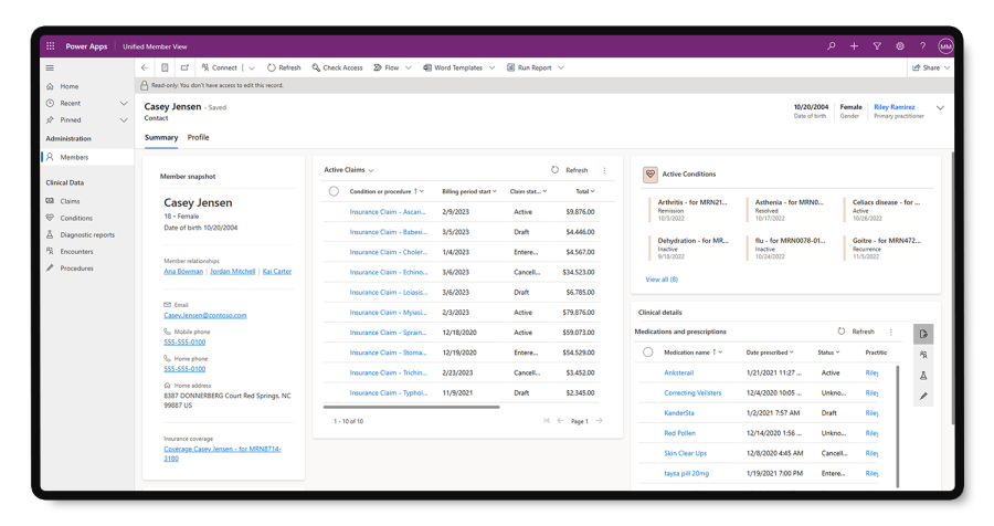 A screen shot reflects that summary of all the member data in a single view. Each of the cards shown on the screen captures different aspects member data such as Demographics, Claims, Active Conditions, and Clinical details
