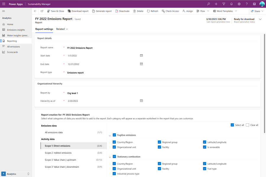Selecting information type in Microsoft Sustainability Manager report preparation