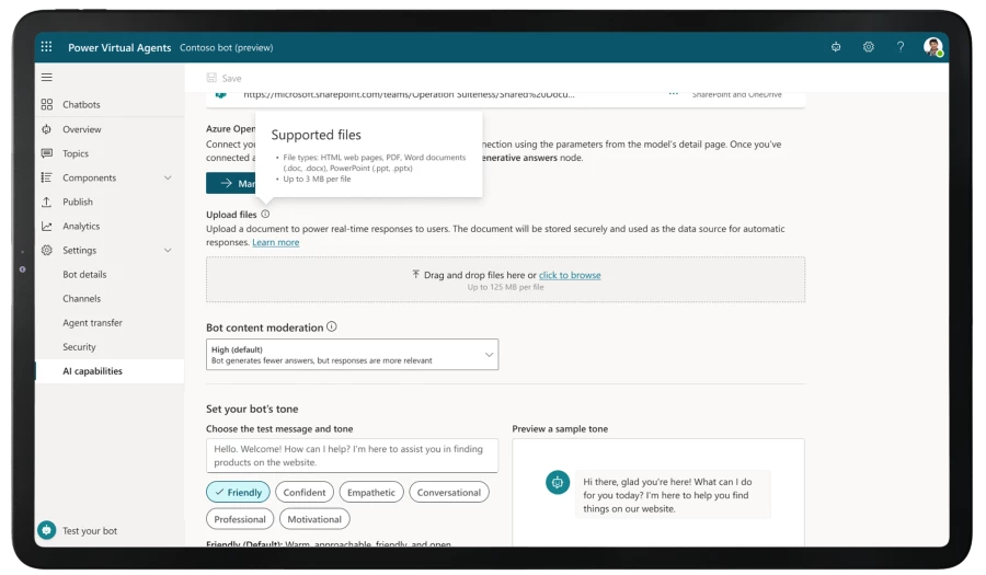 A tablet device showing the Power Virtual Agents bot.